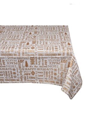 Holiday Script & Icons Tablecloth in Cream and Metallic Gold